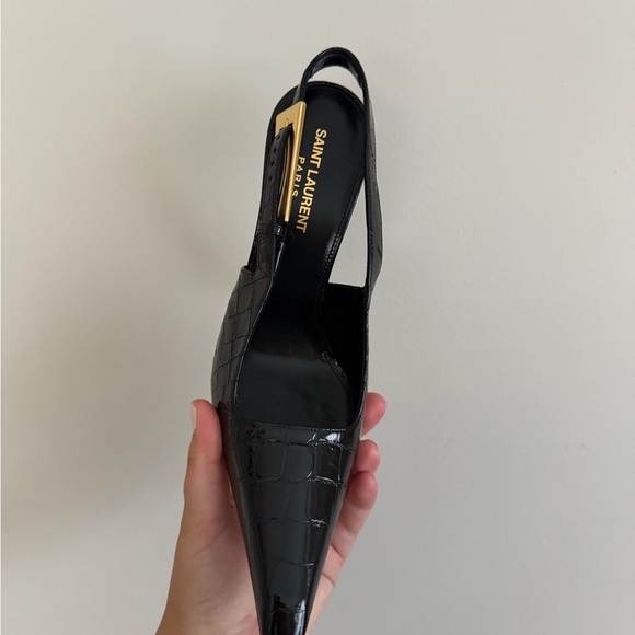 Saint Laurent Black Croc-Embossed Slingback Heels - Picture 3 of 4